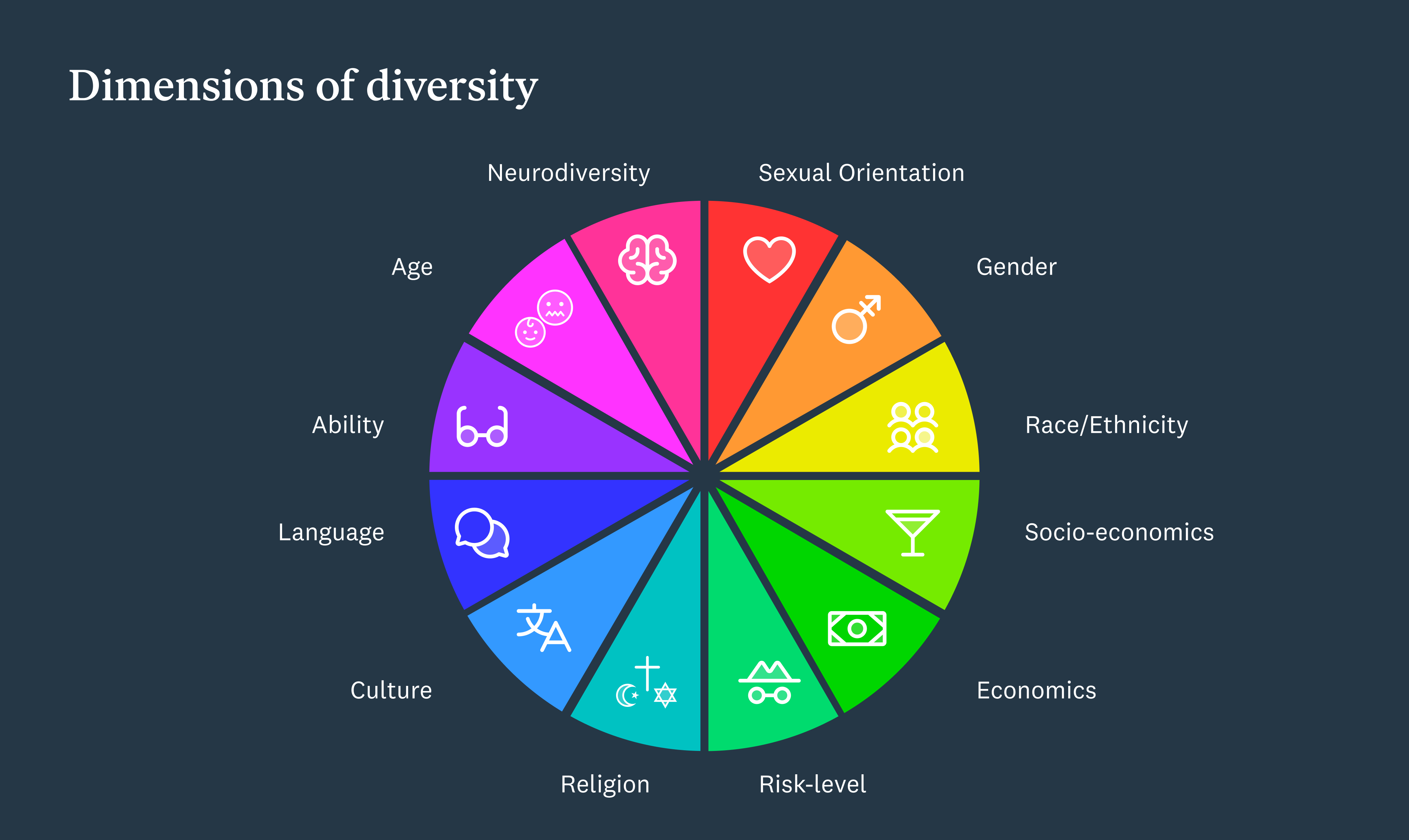 Multicolored wheel depicting the 12 dimensions of diversity: Neurodiversity, Sexual Orientation, Gender, Race/Ethnicity, Socio-economics, Economics, Risk level, Religion, Culture, Language, Ability, Age
