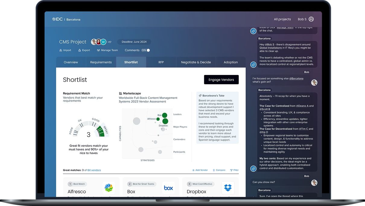 Laptop mockup of the Buyer platform shortlist screen: a requirement match gauge showing three great fit vendors, a vendor assessment chart, a recommendation panel, shortlist cards for three vendors, and a team discussion thread