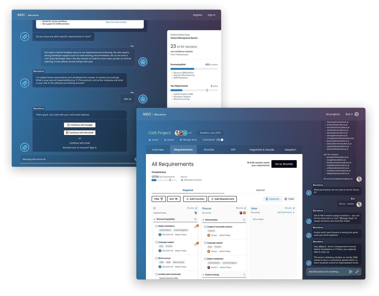 Two screens from an AI assisted vendor search concept: a chat where an assistant gathers purchasing requirements beside a purchasing brief panel narrowing a vendor list, and a project requirements screen listing requirements by team with a discussion thread alongside