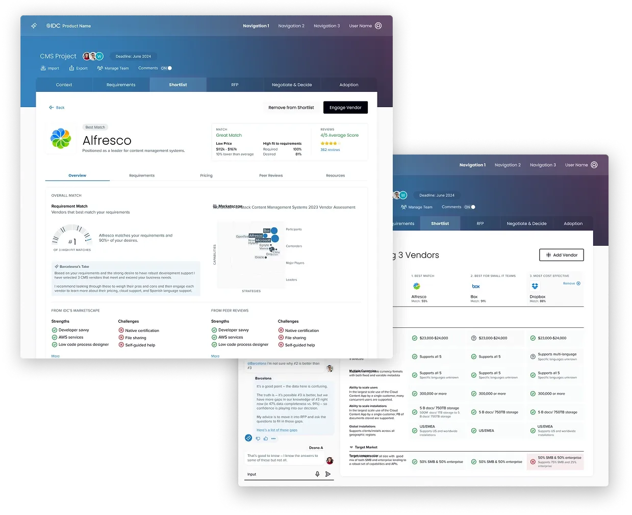 Two screens from a vendor profiles concept: a vendor profile with match score, market position, and strengths and challenges drawn from analyst and peer reviews, and a side by side comparison of three shortlisted vendors